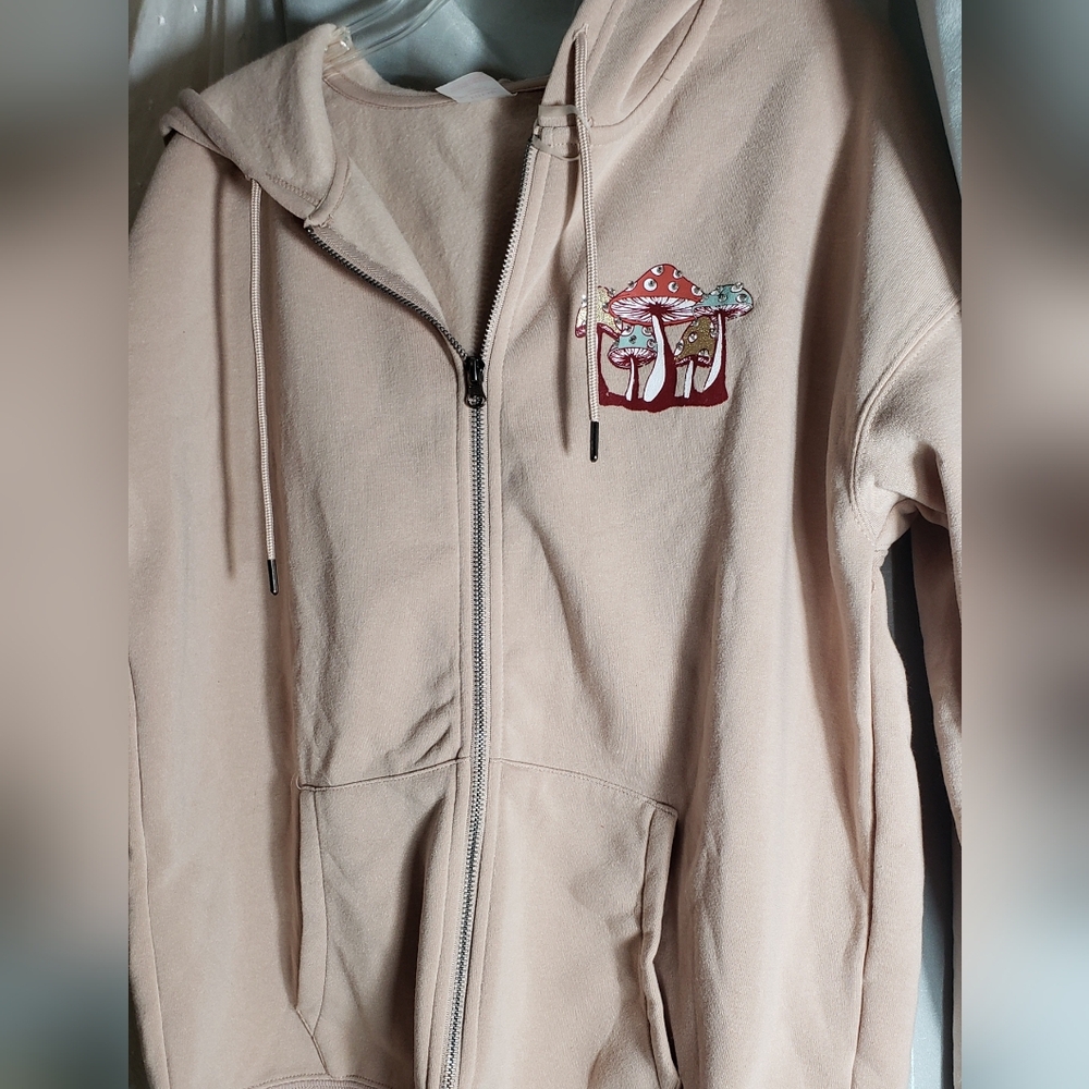 Mushrooms Zip Up Hooded Jacket Long sleeve Cute Mushrooms Beige Large